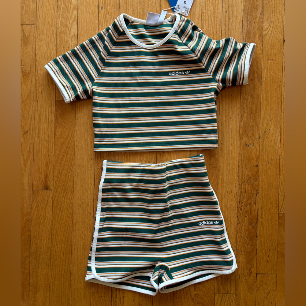 adidas Originals Green White Yellow Striped Crop Top and High-Waist Shorts Set - Picture 2 of 9